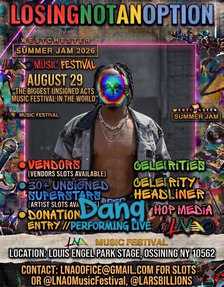 Westchester Summer Jam 2026 flyer — LNAO Music Festival, August 29, Louis Engel Park Stage, Ossining NY, Dan G performing live