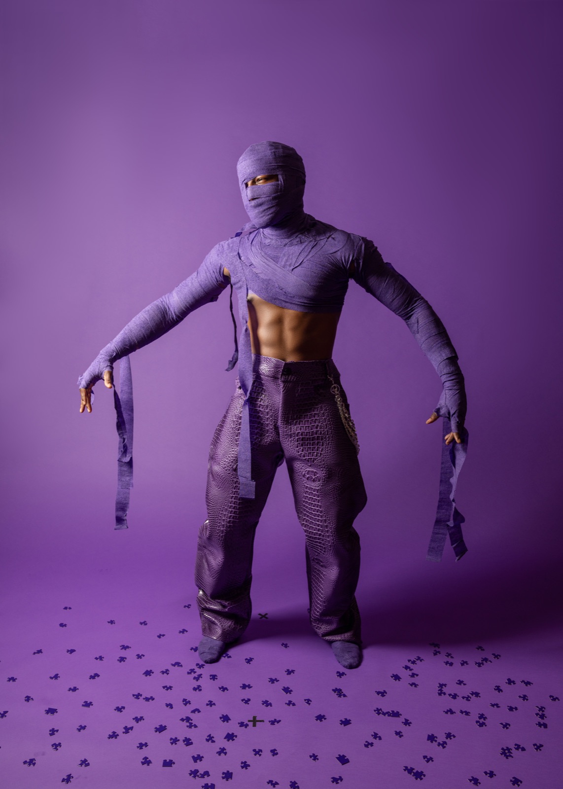 Dan G in purple wraps, full look