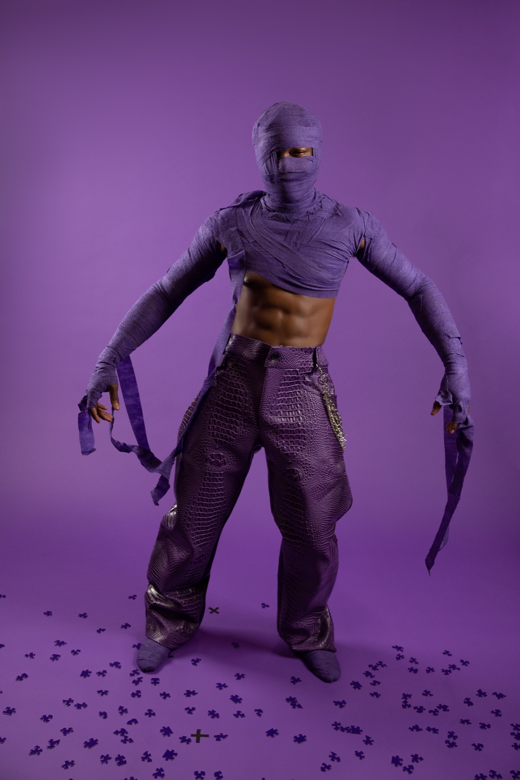 Dan G in purple wraps, standing tall